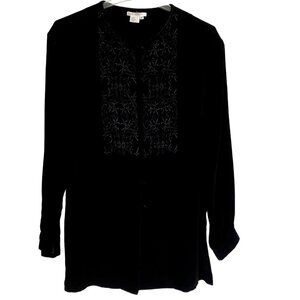 Annie Alexander Women's Black Velvety Embellished Button-Down Blouse Medium